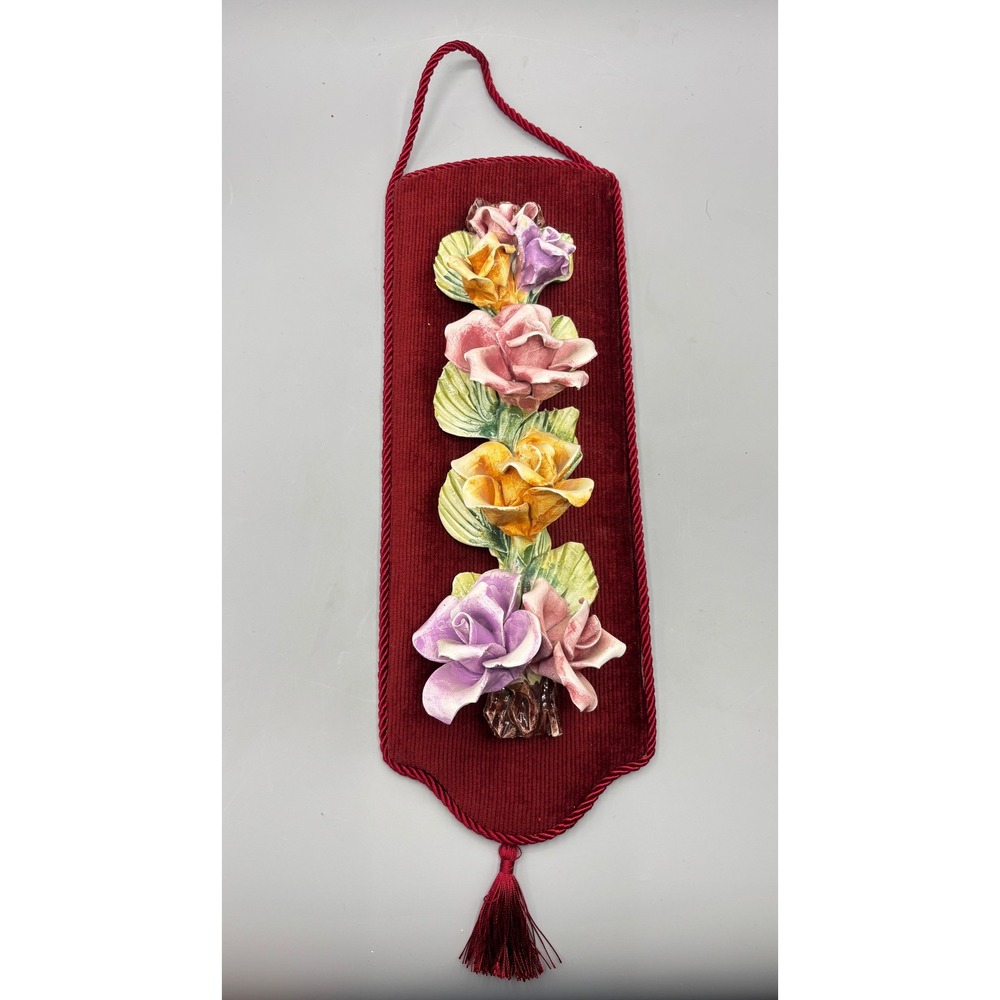 Vintage Capodimonte Italian Porcelain Rose Floral Wall Hanging Red Velvet Tassel